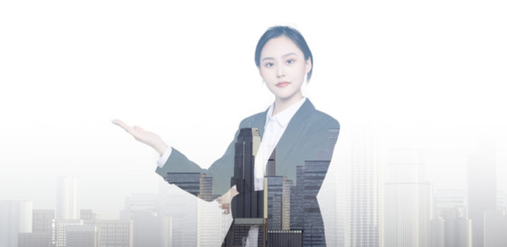 商務女性和城市雙重曝光