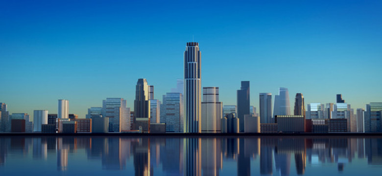 3D渲染夕陽(yáng)下城市建筑群