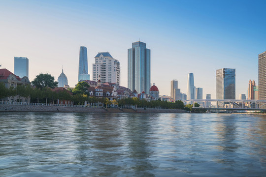 天津城市天際線和海河上的橋梁
