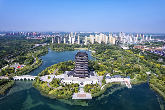 航拍淄博齊盛湖古建筑