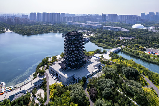 航拍淄博齊盛湖古建筑近景
