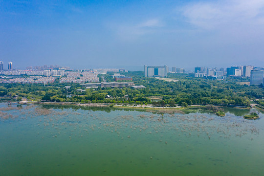 航拍河南平頂山白龜湖濕地公園