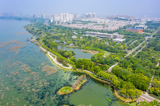 航拍河南平頂山白龜湖濕地公園