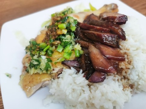 油雞腿拼叉燒飯
