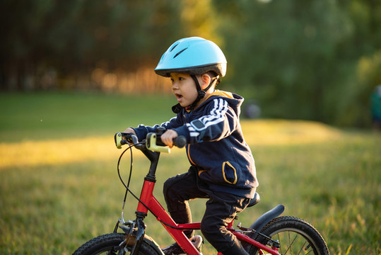 男孩在树林里骑自行车