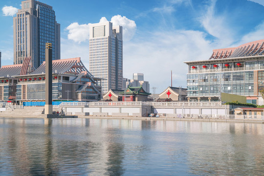 天津城市天際線和海河上的橋梁