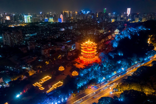 航拍武漢黃鶴樓夜景燈光秀景觀