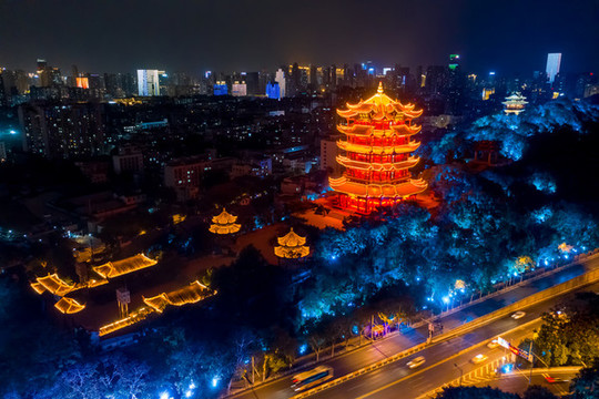 航拍武漢黃鶴樓夜景燈光秀景觀