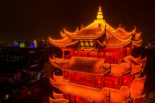 航拍武漢黃鶴樓夜景燈光秀景觀