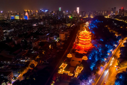 航拍武漢黃鶴樓夜景燈光秀景觀