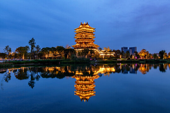 大運公園東安湖東安閣夜景