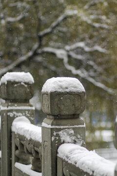 冬天里校園石柱上厚厚的積雪