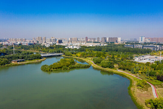 航拍鄭州龍子湖公園湖泊濕地