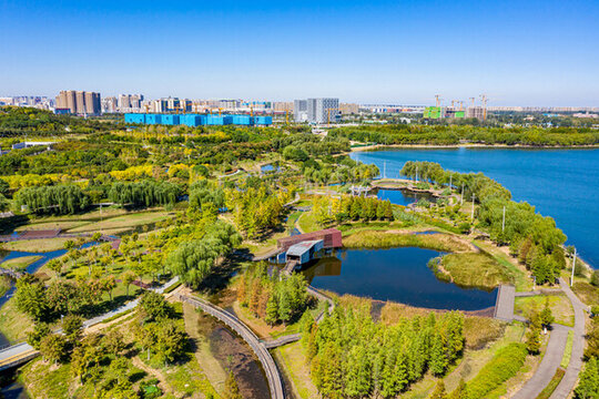 航拍河南鄭州北龍湖濕地公園