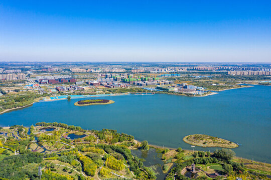 航拍河南鄭州北龍湖濕地公園