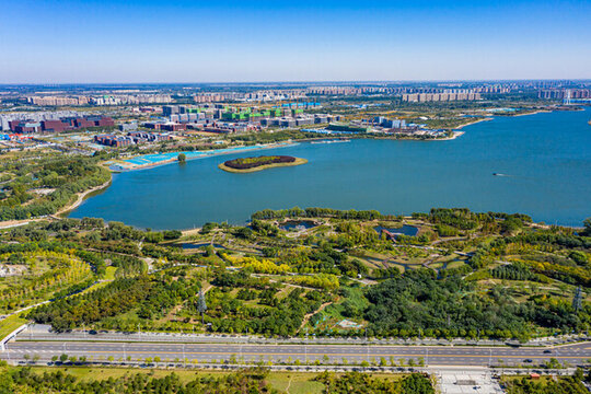 航拍河南鄭州北龍湖濕地公園