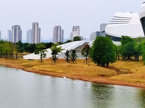 湖邊的白色建筑與黃色的土灘
