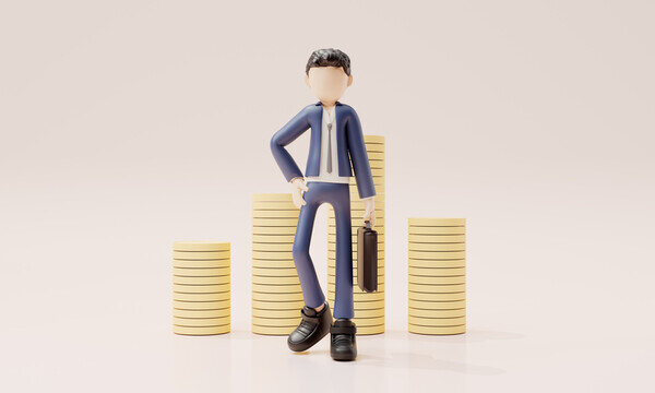3d渲染金幣前站著卡通人物
