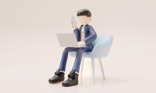 3d渲染打電話辦公的卡通人物