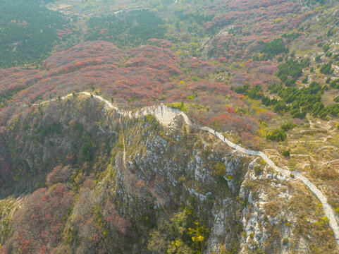 航拍濟南蚰蜒山紅葉