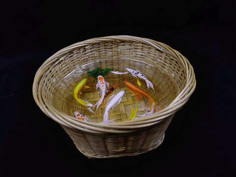 竹筐錦鯉五彩魚群魚缸