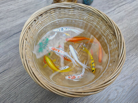 竹筐錦鯉五彩魚群魚缸