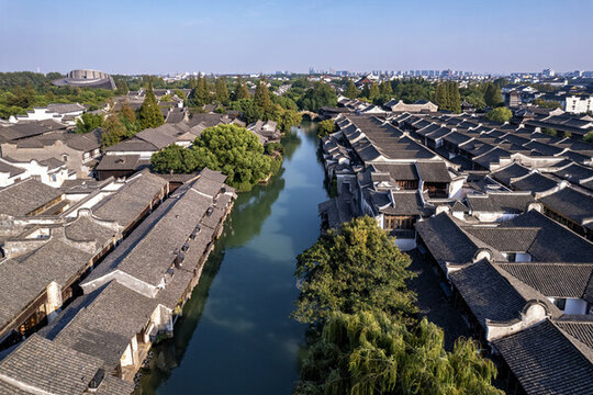 航拍烏鎮(zhèn)河流兩岸