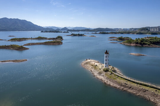 航拍杭州千島湖湖泊水景
