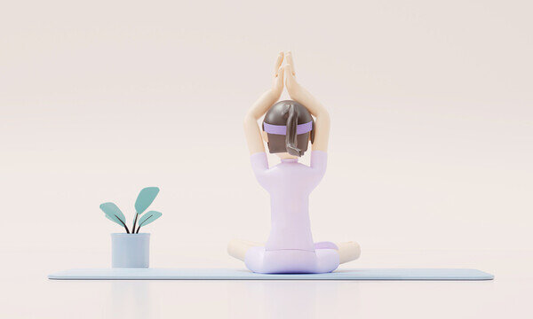 3D渲染卡通人物在瑜伽打坐