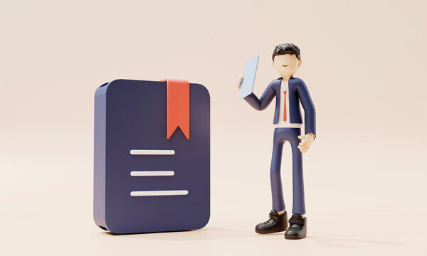 3D渲染卡通人物在書籍旁