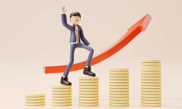 金幣上打招呼的商務3D人物