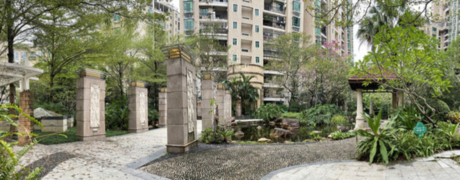 園林花園小區(qū)景觀造型全景實(shí)拍