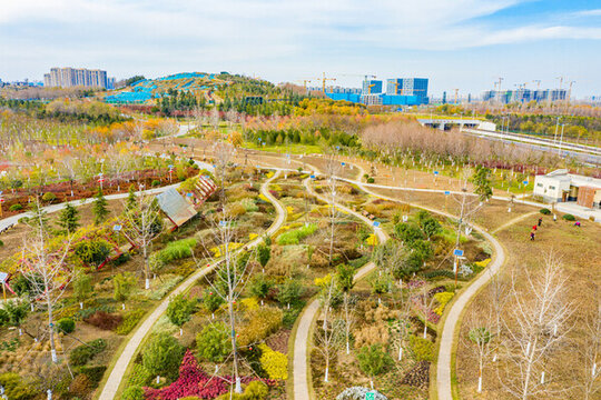 航拍鄭州市森林公園小山坡