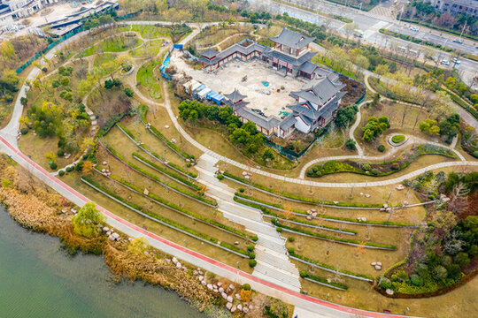 航拍鄭州龍子湖公園仿古建筑