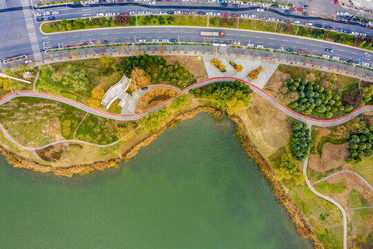 航拍鄭州龍子湖公園濱湖綠地