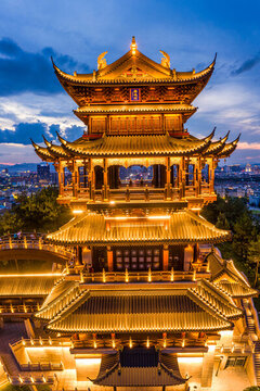 義烏雞鳴閣建筑夜景豎拍
