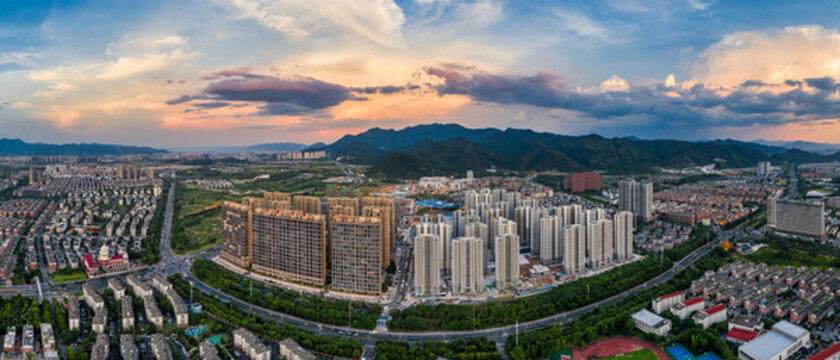 義烏江東城市建筑晚霞全景