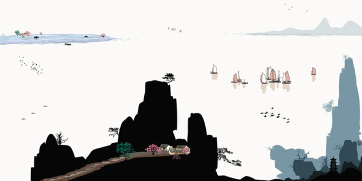 禪境水墨山水畫