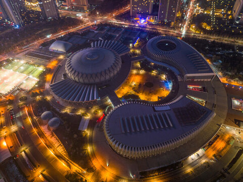 航拍濟(jì)南東部新城夜景