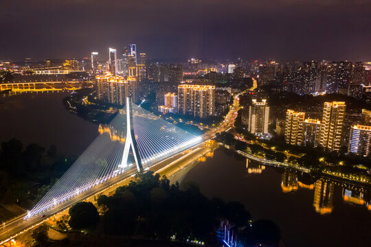 航拍閩江福州三縣洲大橋夜景