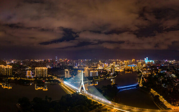 航拍閩江福州三縣洲大橋夜景
