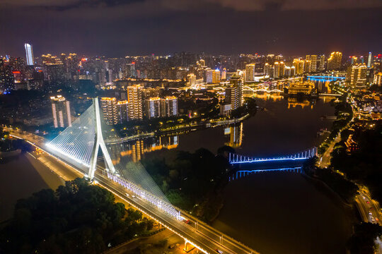 航拍閩江福州三縣洲大橋夜景