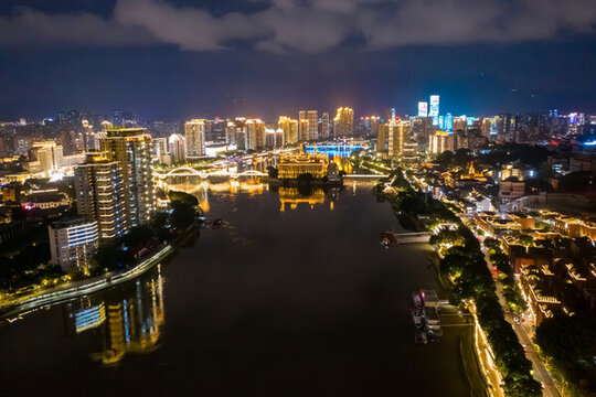 航拍福州閩江沿岸城市夜景