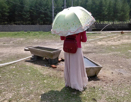 綠傘紅衣淑女裙
