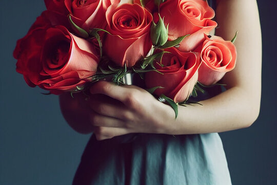 一位女生手捧玫瑰鲜花