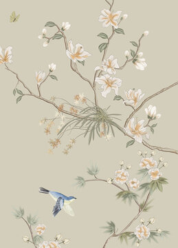 玉蘭花鳥圖裝飾畫