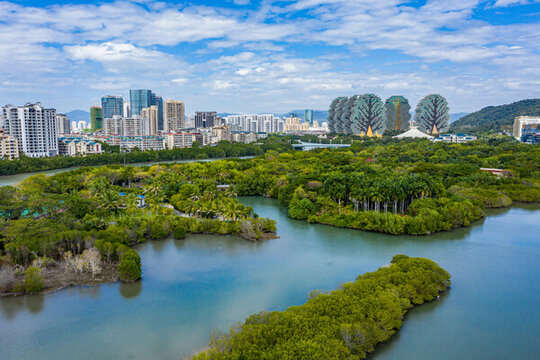 航拍海南三亞白鷺公園城市濕地
