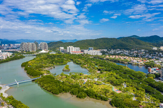 航拍海南三亞白鷺公園城市濕地