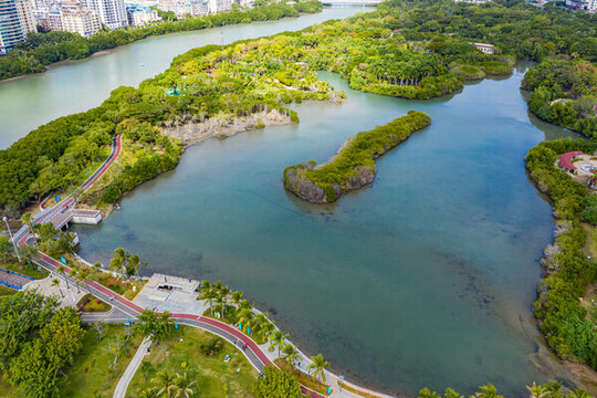 航拍海南三亞白鷺公園城市濕地