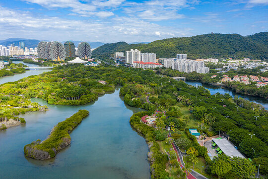 航拍海南三亞白鷺公園城市濕地